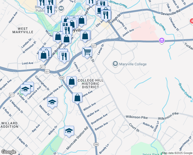 map of restaurants, bars, coffee shops, grocery stores, and more near 144 Stanley Avenue in Maryville