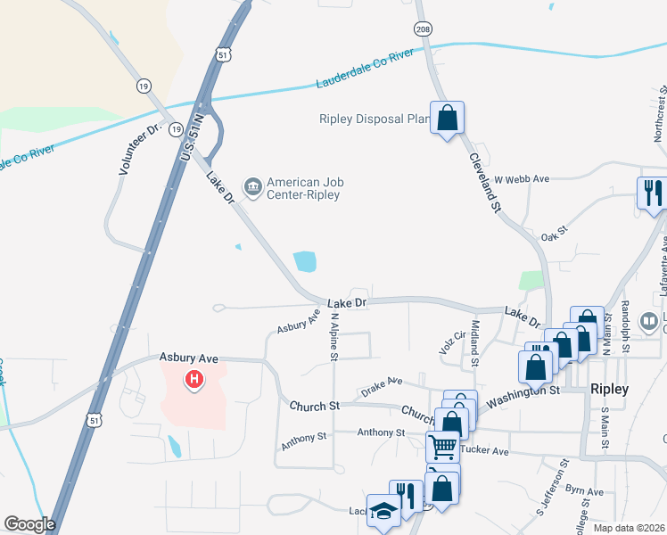 map of restaurants, bars, coffee shops, grocery stores, and more near 247 Lake Drive in Ripley