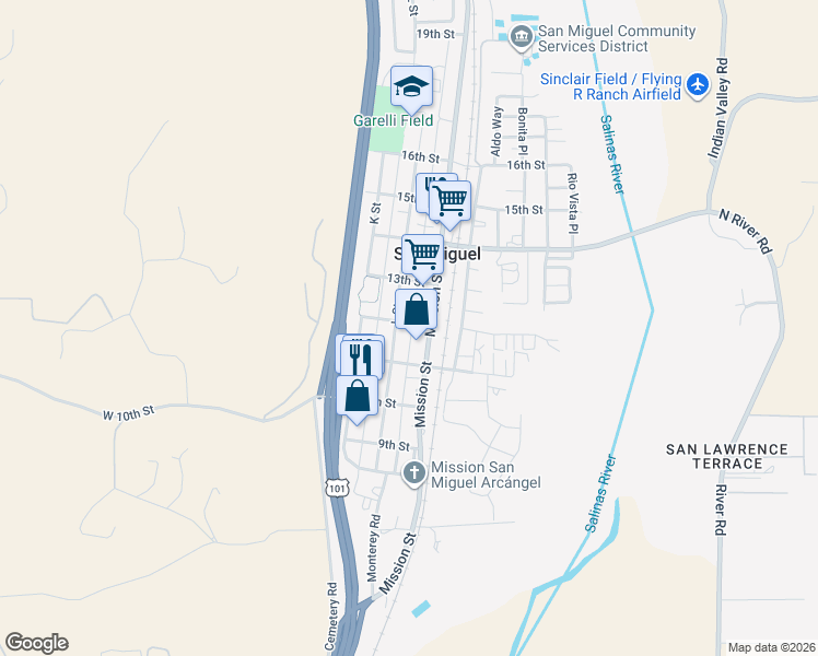 map of restaurants, bars, coffee shops, grocery stores, and more near 346 12th Street in San Miguel