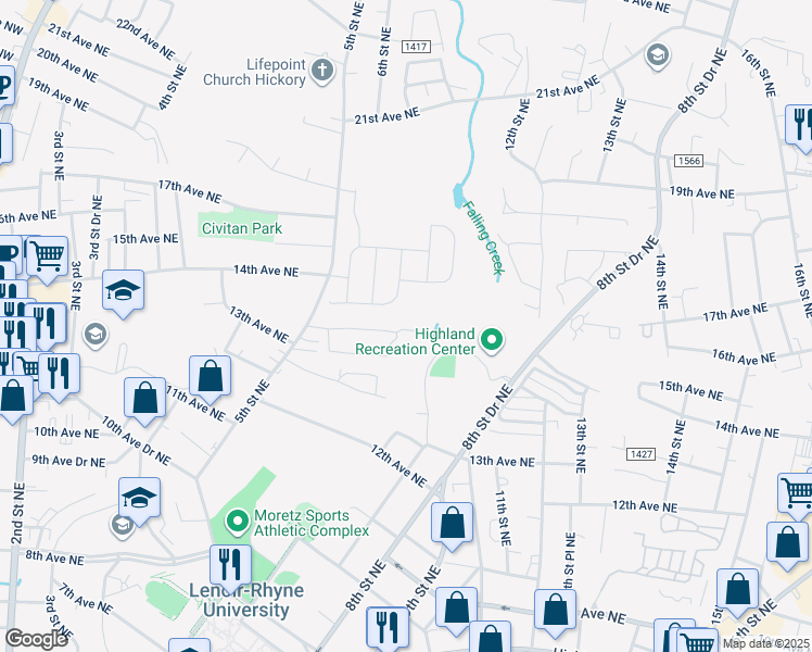 map of restaurants, bars, coffee shops, grocery stores, and more near 1330 5th Street Northeast in Hickory