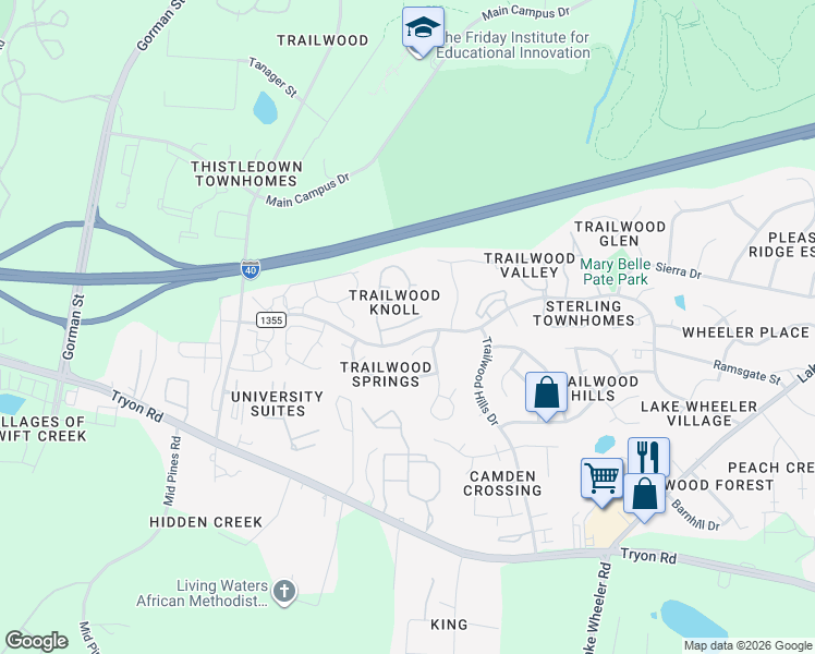 map of restaurants, bars, coffee shops, grocery stores, and more near 2820 Clerkenwell Way in Raleigh