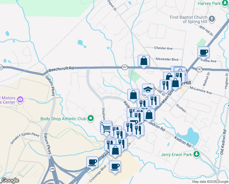 map of restaurants, bars, coffee shops, grocery stores, and more near 144 Kedron Parkway in Spring Hill