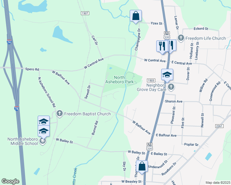 map of restaurants, bars, coffee shops, grocery stores, and more near 1846 North Saddlewood Court in Asheboro