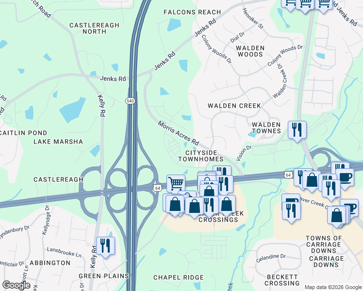 map of restaurants, bars, coffee shops, grocery stores, and more near 4001 Reedybrook Crossing in Apex