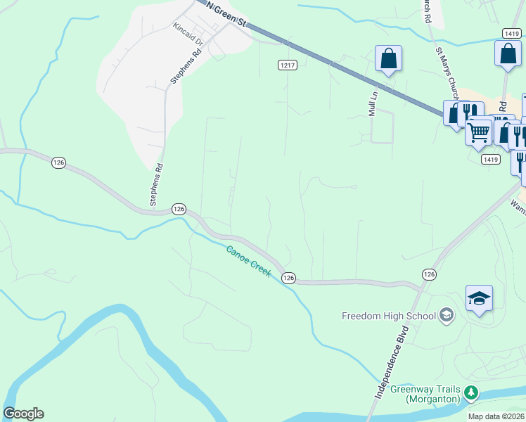 map of restaurants, bars, coffee shops, grocery stores, and more near 111 Beechmont Drive in Morganton