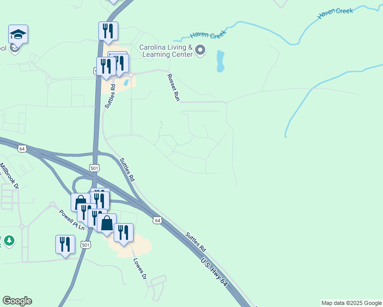map of restaurants, bars, coffee shops, grocery stores, and more near 695-1199 Russet Run in Pittsboro