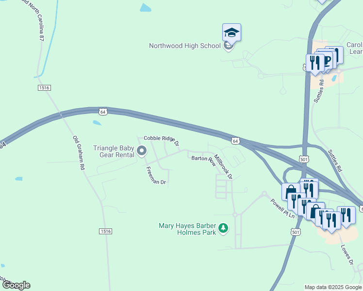 map of restaurants, bars, coffee shops, grocery stores, and more near 26 Cobble Ridge Drive in Pittsboro