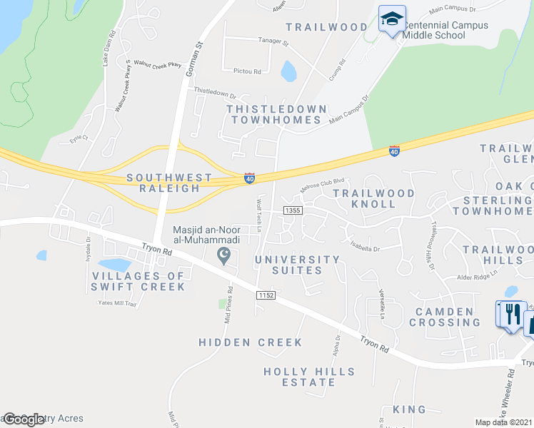 map of restaurants, bars, coffee shops, grocery stores, and more near 2011 Wolf Tech Lane in Raleigh