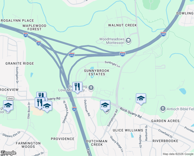 map of restaurants, bars, coffee shops, grocery stores, and more near 2308 Stoney Spring Drive in Raleigh