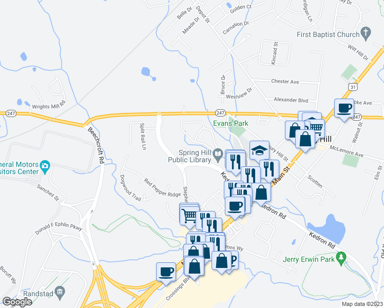 map of restaurants, bars, coffee shops, grocery stores, and more near 100 Bergen Drive in Spring Hill