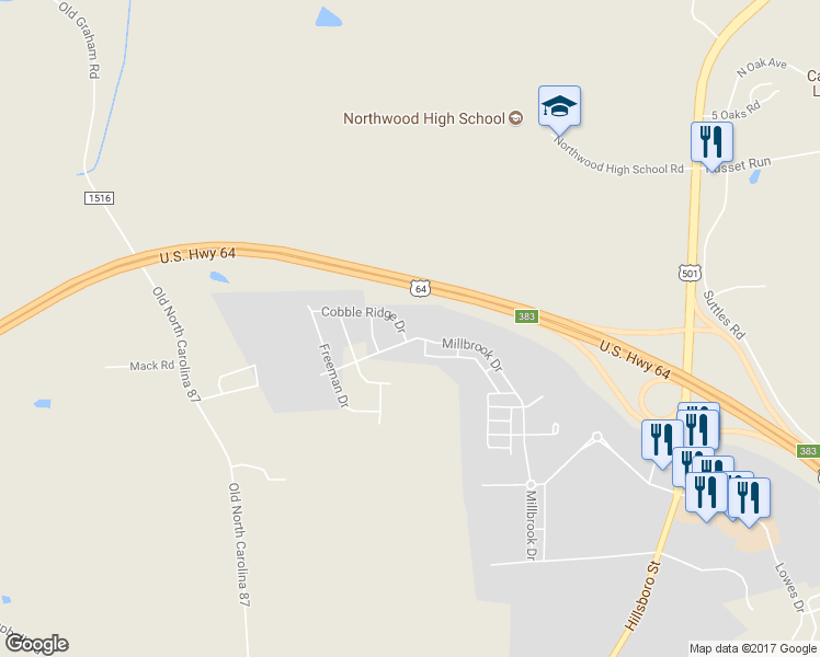 map of restaurants, bars, coffee shops, grocery stores, and more near 26 Cobble Ridge Drive in Pittsboro