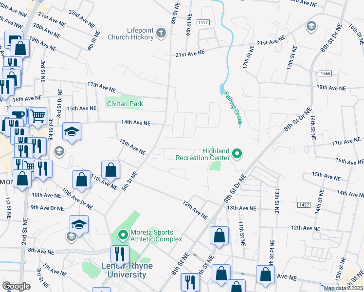 map of restaurants, bars, coffee shops, grocery stores, and more near 1330 5th Street Northeast in Hickory