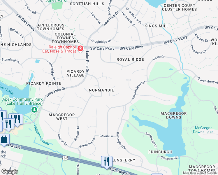 map of restaurants, bars, coffee shops, grocery stores, and more near 107 Balzac Court in Cary