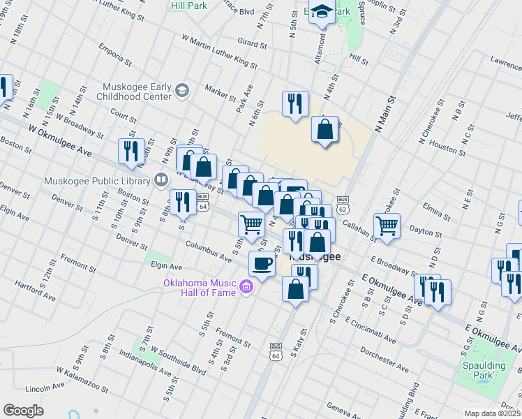 map of restaurants, bars, coffee shops, grocery stores, and more near 200 State Street in Muskogee