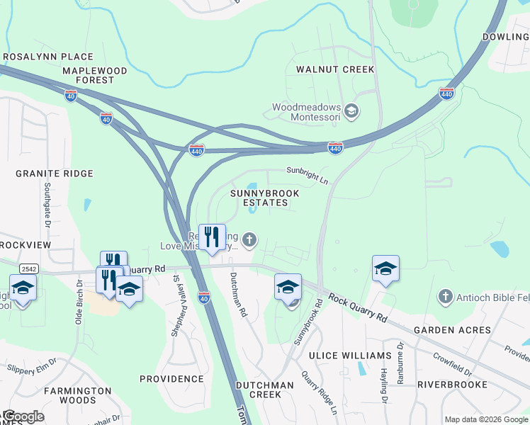map of restaurants, bars, coffee shops, grocery stores, and more near 2308 Stoney Spring Drive in Raleigh