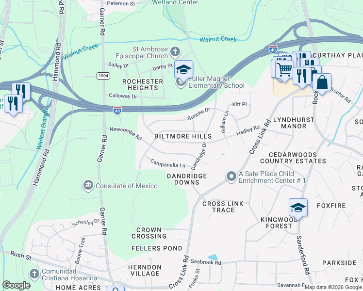 map of restaurants, bars, coffee shops, grocery stores, and more near 856 Newcombe Road in Raleigh