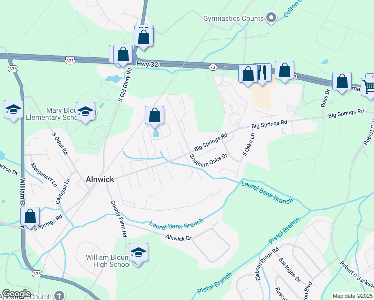 map of restaurants, bars, coffee shops, grocery stores, and more near 2045 Southern Oaks Drive in Maryville