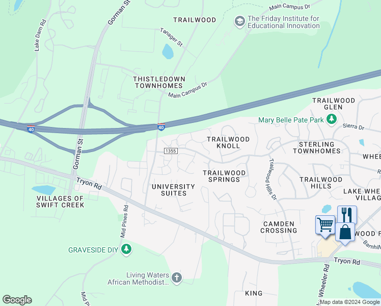 map of restaurants, bars, coffee shops, grocery stores, and more near 2204 Long and Winding Road in Raleigh