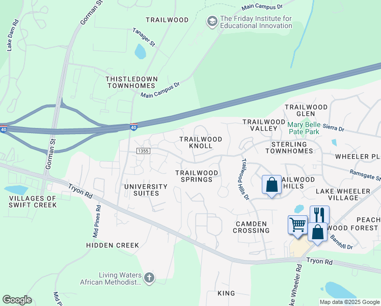map of restaurants, bars, coffee shops, grocery stores, and more near 2116 Deep Forest Trail in Raleigh