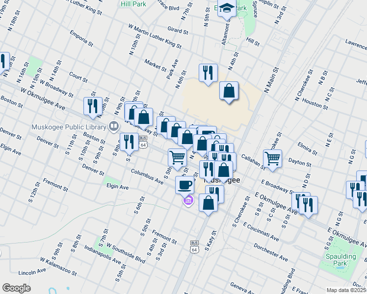 map of restaurants, bars, coffee shops, grocery stores, and more near 200 State Street in Muskogee