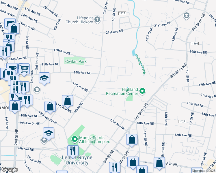 map of restaurants, bars, coffee shops, grocery stores, and more near 1330 5th Street Northeast in Hickory
