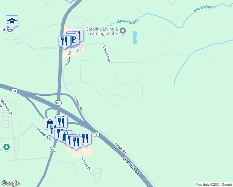 map of restaurants, bars, coffee shops, grocery stores, and more near 695-1199 Russet Run in Pittsboro