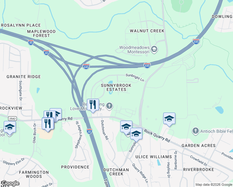 map of restaurants, bars, coffee shops, grocery stores, and more near 2308 Stoney Spring Drive in Raleigh
