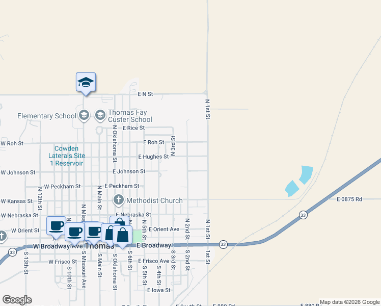 map of restaurants, bars, coffee shops, grocery stores, and more near 620 East Hughes Street in Thomas