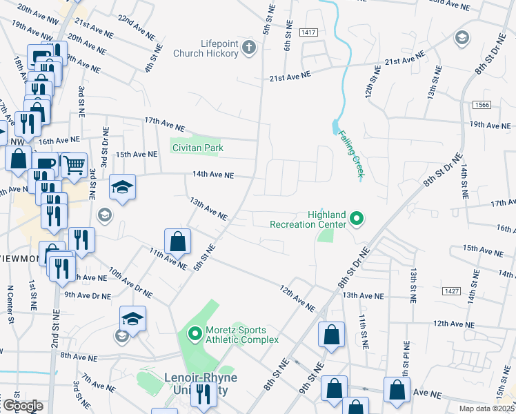 map of restaurants, bars, coffee shops, grocery stores, and more near 1330 5th Street Northeast in Hickory