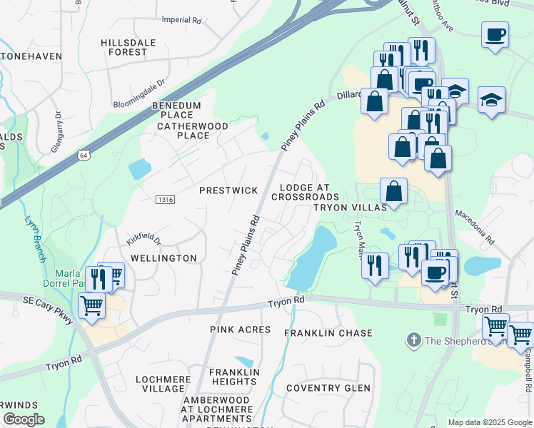 map of restaurants, bars, coffee shops, grocery stores, and more near 6000 Scarlet Sky Lane in Cary