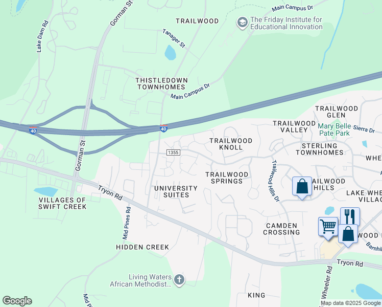 map of restaurants, bars, coffee shops, grocery stores, and more near 2208 Long and Winding Road in Raleigh