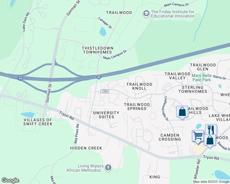 map of restaurants, bars, coffee shops, grocery stores, and more near 2208 Long and Winding Road in Raleigh