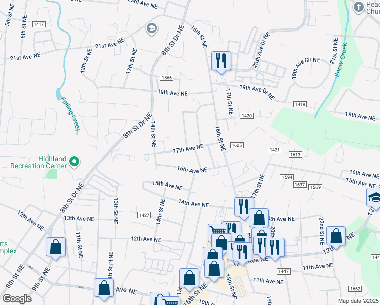 map of restaurants, bars, coffee shops, grocery stores, and more near 1490 17th Avenue Northeast in Hickory