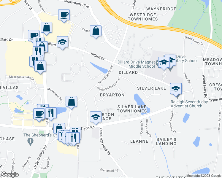 map of restaurants, bars, coffee shops, grocery stores, and more near 5515 Southern Cross Avenue in Raleigh