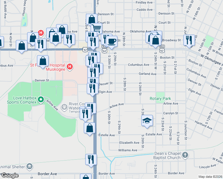 map of restaurants, bars, coffee shops, grocery stores, and more near 2905 Denver Street in Muskogee