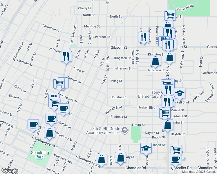 map of restaurants, bars, coffee shops, grocery stores, and more near 1502 Irving Street in Muskogee