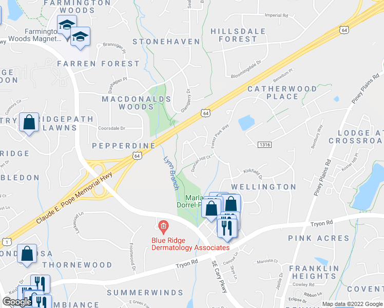 map of restaurants, bars, coffee shops, grocery stores, and more near 722 Renshaw Court in Cary