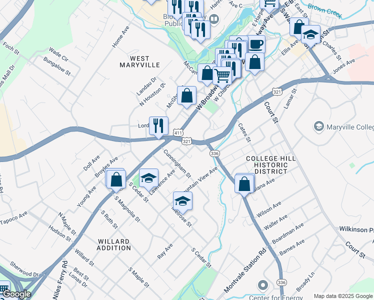 map of restaurants, bars, coffee shops, grocery stores, and more near 336 West Lamar Alexander Parkway in Maryville