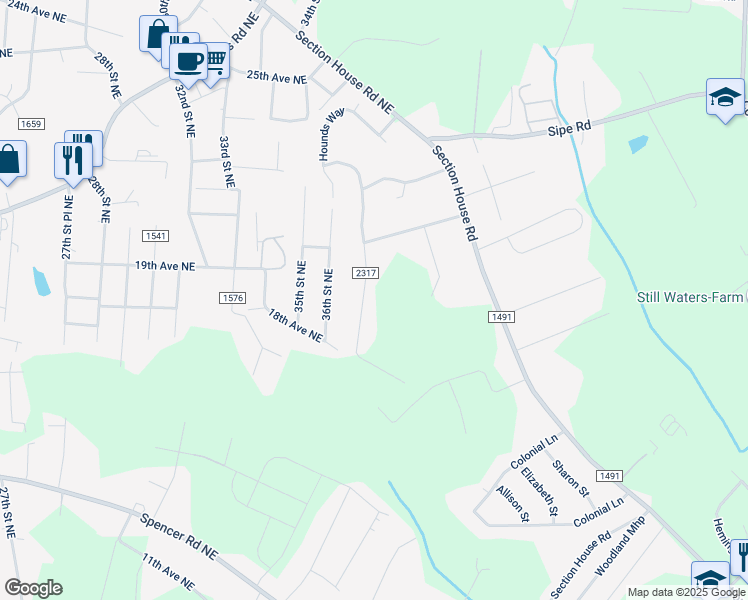 map of restaurants, bars, coffee shops, grocery stores, and more near 2327 Horseshoe Bend Road Northeast in Hickory