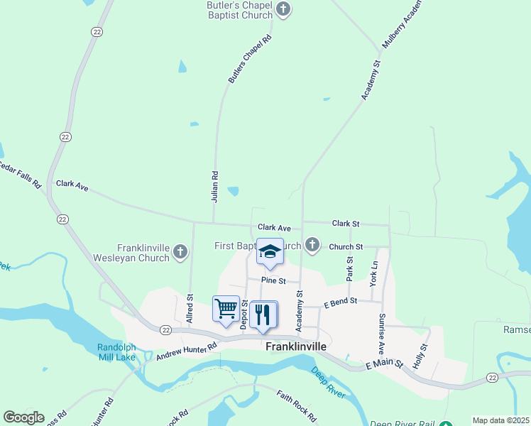map of restaurants, bars, coffee shops, grocery stores, and more near Depot Street in Franklinville