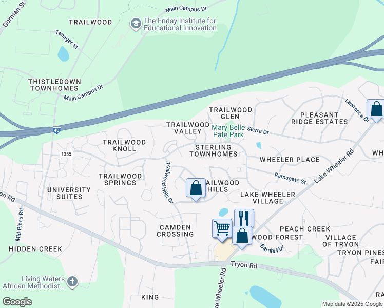 map of restaurants, bars, coffee shops, grocery stores, and more near 2833 Sterling Park Drive in Raleigh