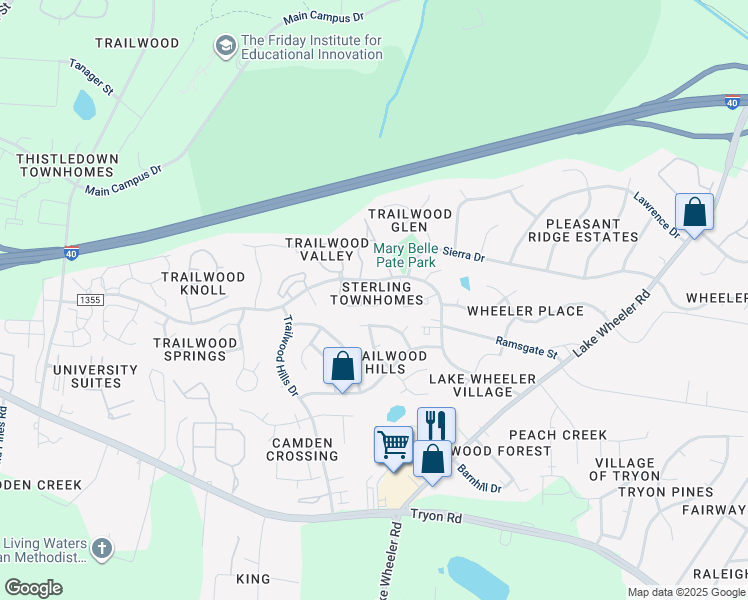 map of restaurants, bars, coffee shops, grocery stores, and more near 2624 Sterling Park Drive in Raleigh