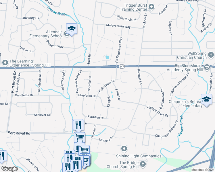map of restaurants, bars, coffee shops, grocery stores, and more near 2900 Wills Court in Spring Hill