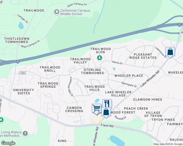 map of restaurants, bars, coffee shops, grocery stores, and more near 2624 Sterling Park Drive in Raleigh