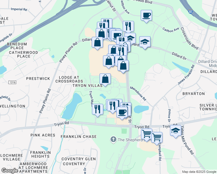 map of restaurants, bars, coffee shops, grocery stores, and more near 6303 Village Cross Way in Cary