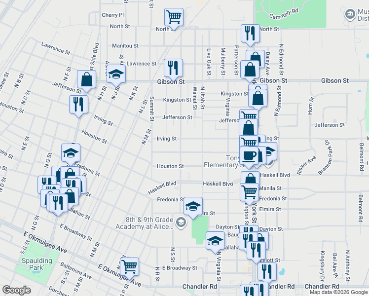 map of restaurants, bars, coffee shops, grocery stores, and more near 1607 Irving Street in Muskogee
