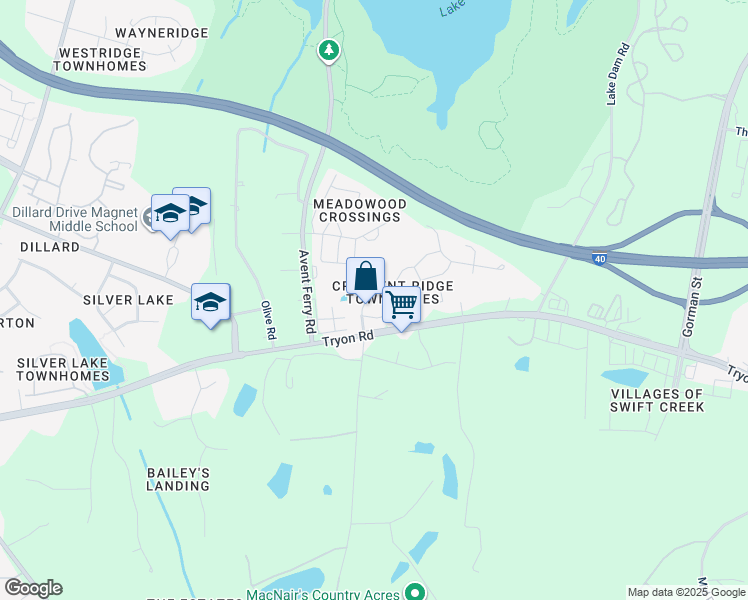 map of restaurants, bars, coffee shops, grocery stores, and more near 5461 Crescentview Parkway in Raleigh