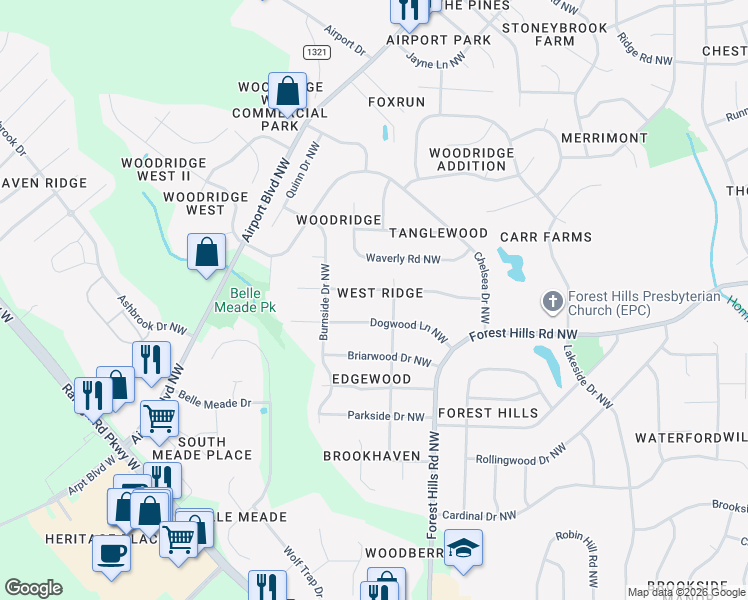 map of restaurants, bars, coffee shops, grocery stores, and more near 1308 Queen Anne Road Northwest in Wilson
