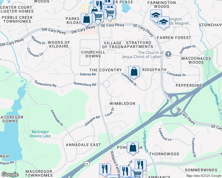 map of restaurants, bars, coffee shops, grocery stores, and more near 105 Timber View Lane in Cary
