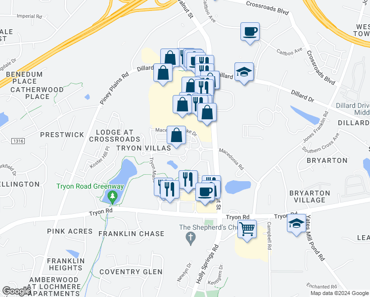 map of restaurants, bars, coffee shops, grocery stores, and more near 2500 Crossroads Manor Court in Cary